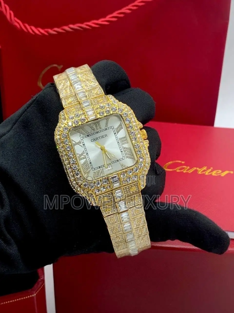 Cartier Santos - Full Iced Out - Gold With Rainbow Dial
