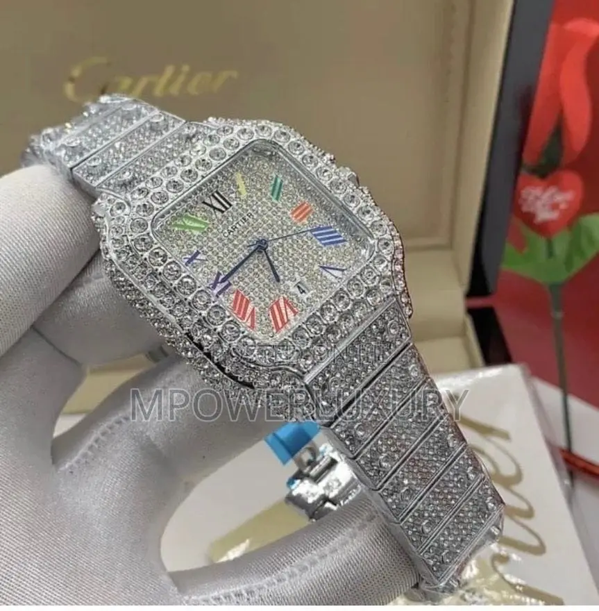 Cartier Santos - Full Iced Out - Gold With Rainbow Dial