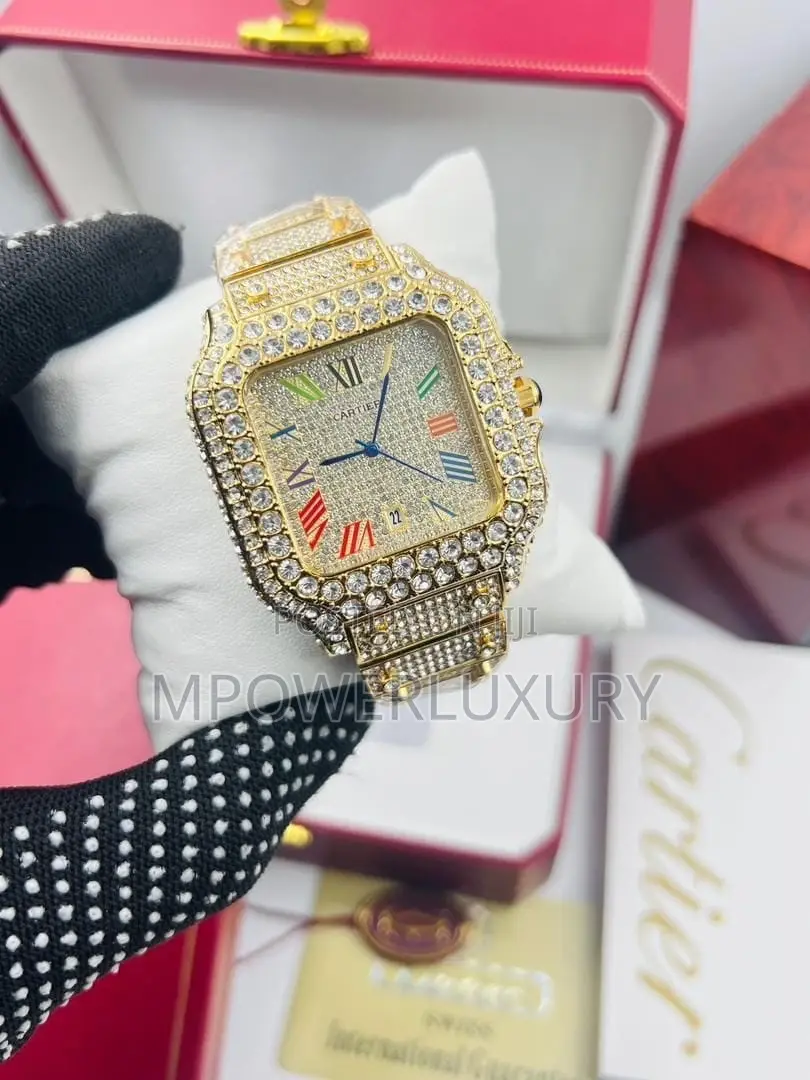 Cartier Santos - Full Iced Out - Gold With Rainbow Dial