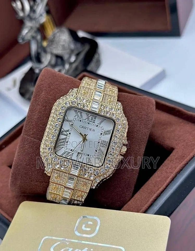 Cartier Santos - Full Iced Out - Gold With Rainbow Dial