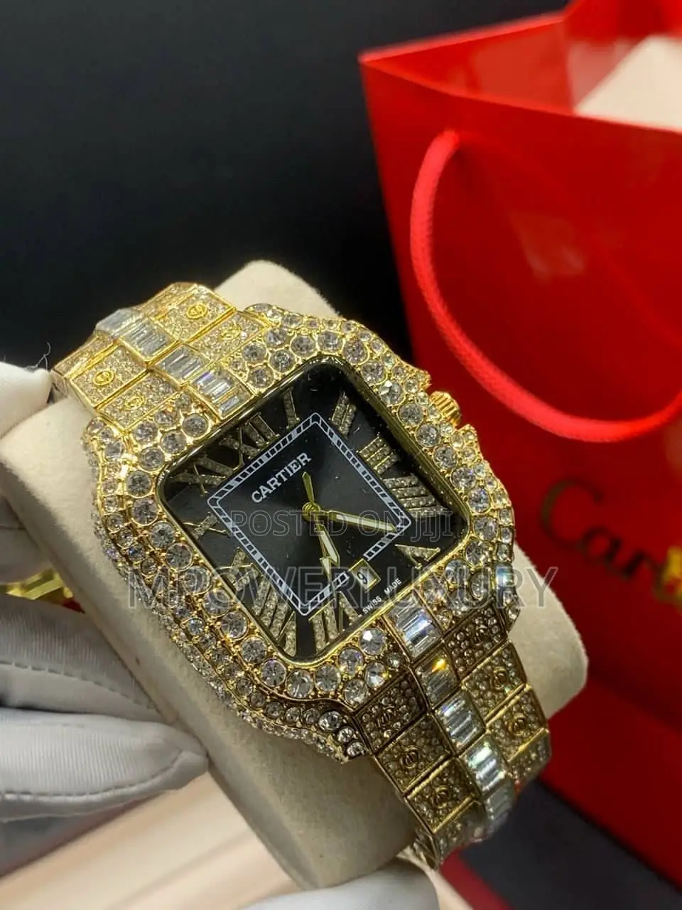 Cartier Santos - Full Iced Out - Gold With Rainbow Dial
