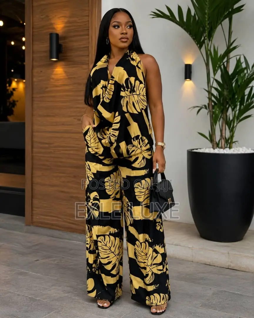 Black & Gold Leaf Print Jumpsuit Set – Ladies Wide-Leg Outfit