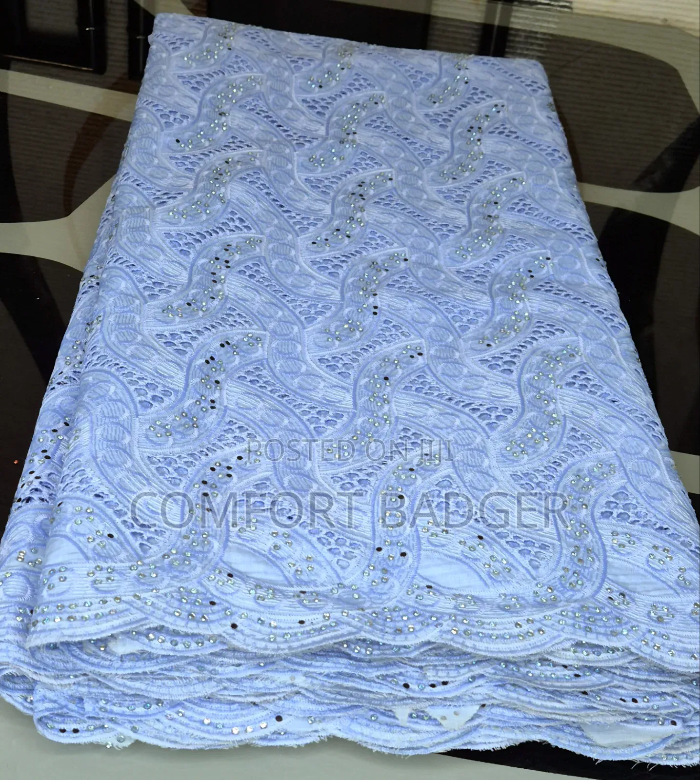 Exquisite Light Blue Swiss Voile Lace With Rhinestones