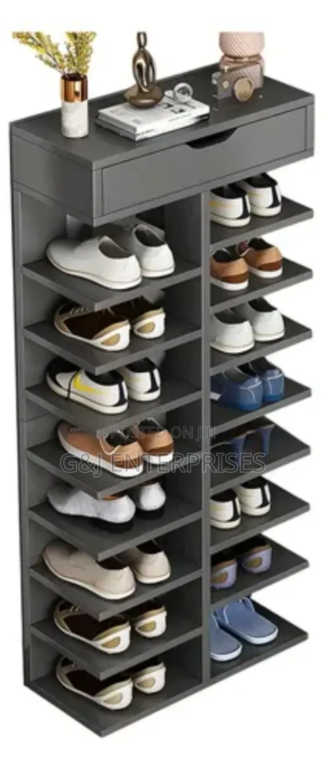 7 Layer Wood Shoe Rack With Top Drawer