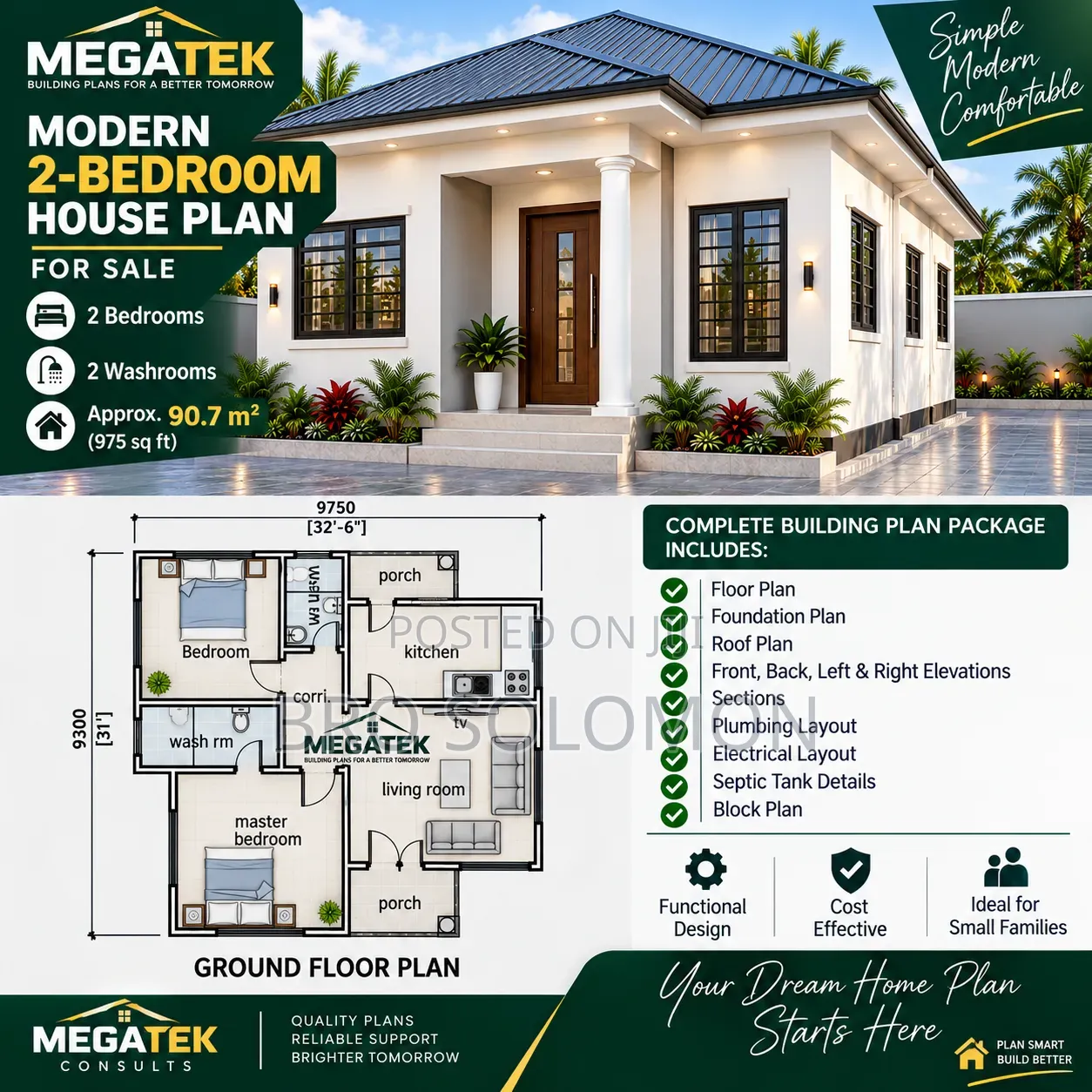 Modern 2-Bedroom House Plan for Sale