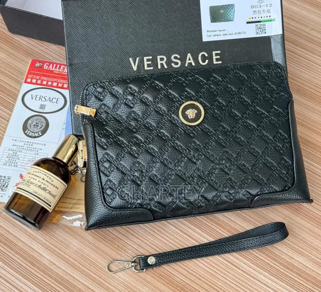 Versace Men’s Luxury Black Wristlet Wallet – Gold Medusa Detail