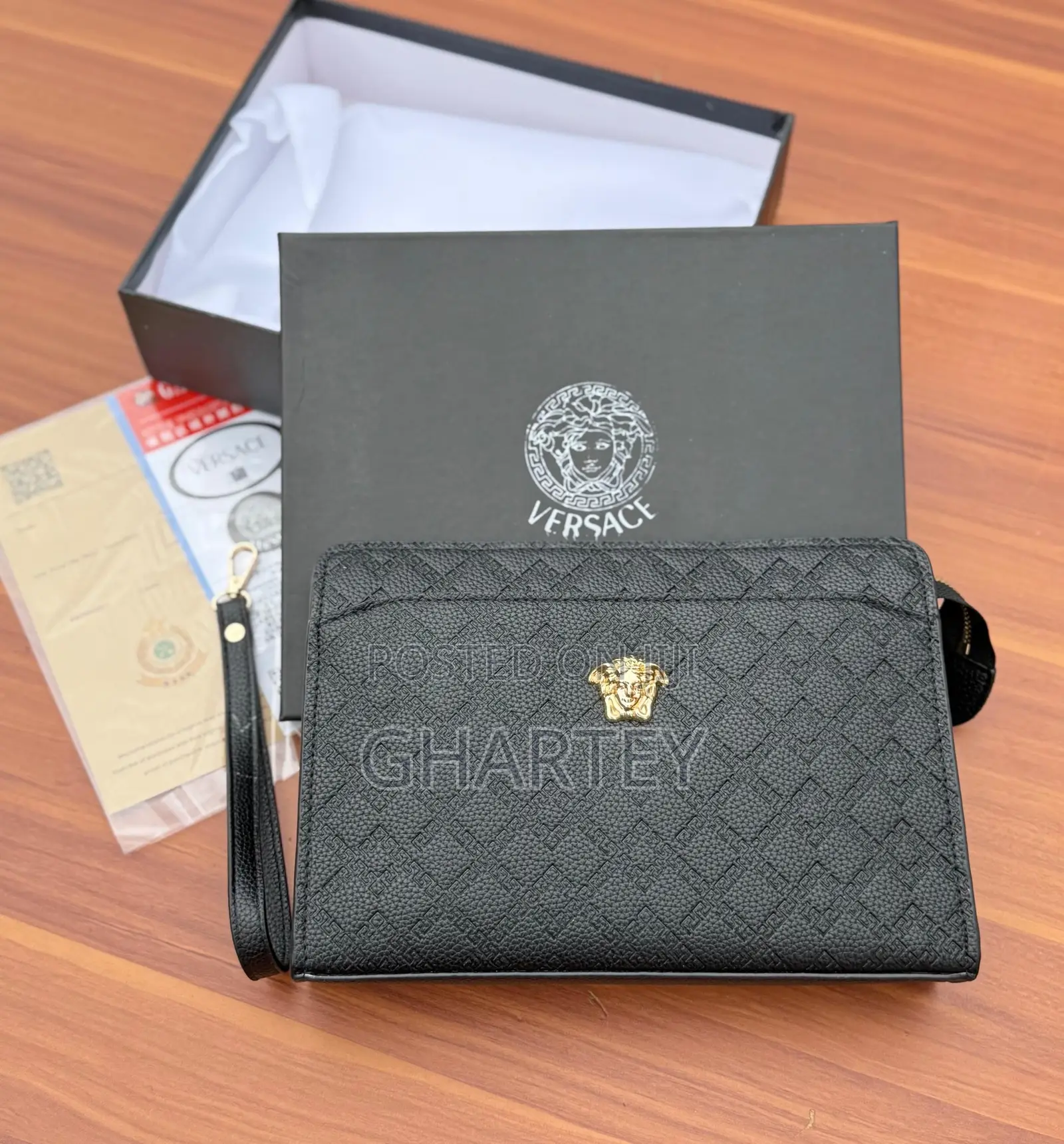 Versace Men’s Luxury Black Wristlet Wallet – Gold Medusa Detail