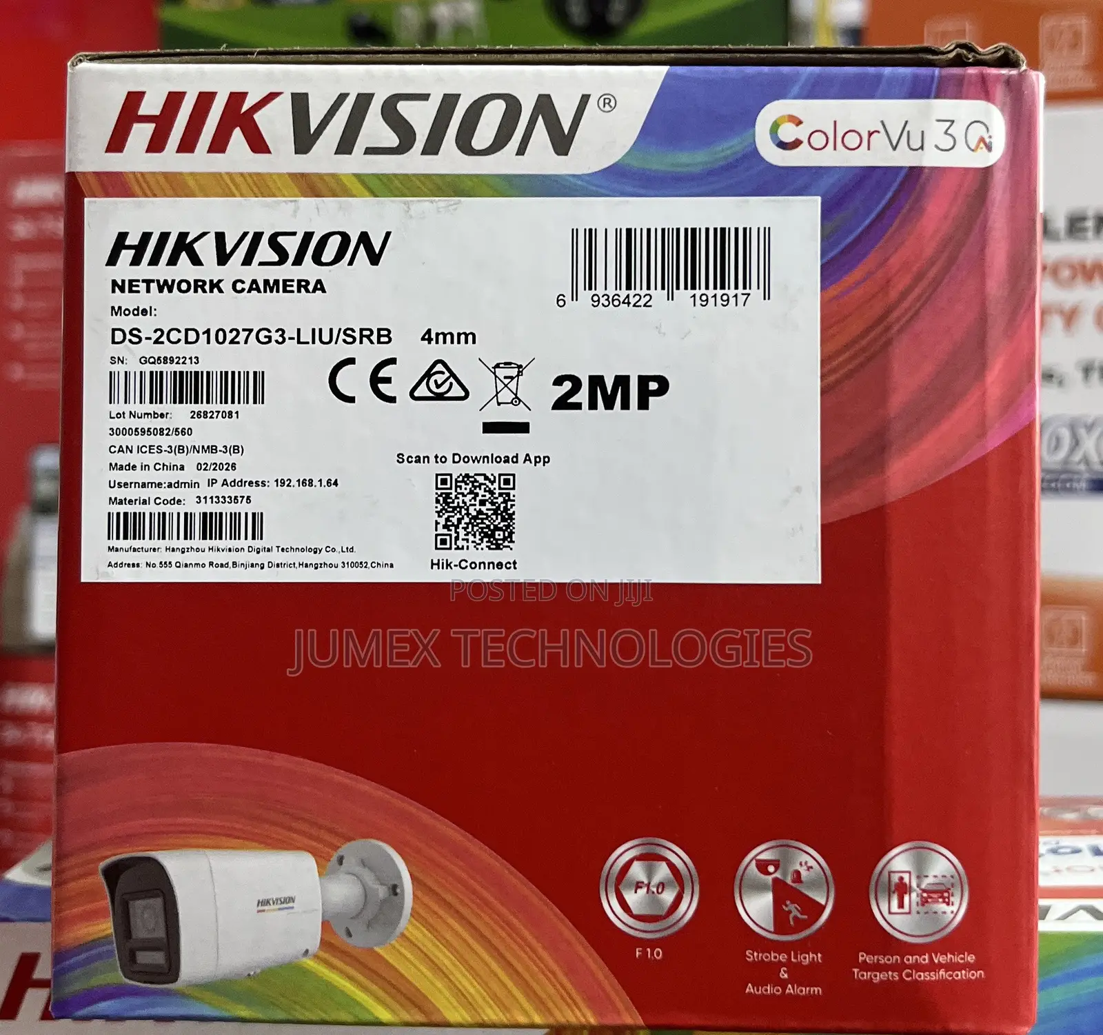 Hikvision 2mp 2way Audio Ip Camera Colorvu 3.0 Ds-2cd1027g3-Liu/SRB