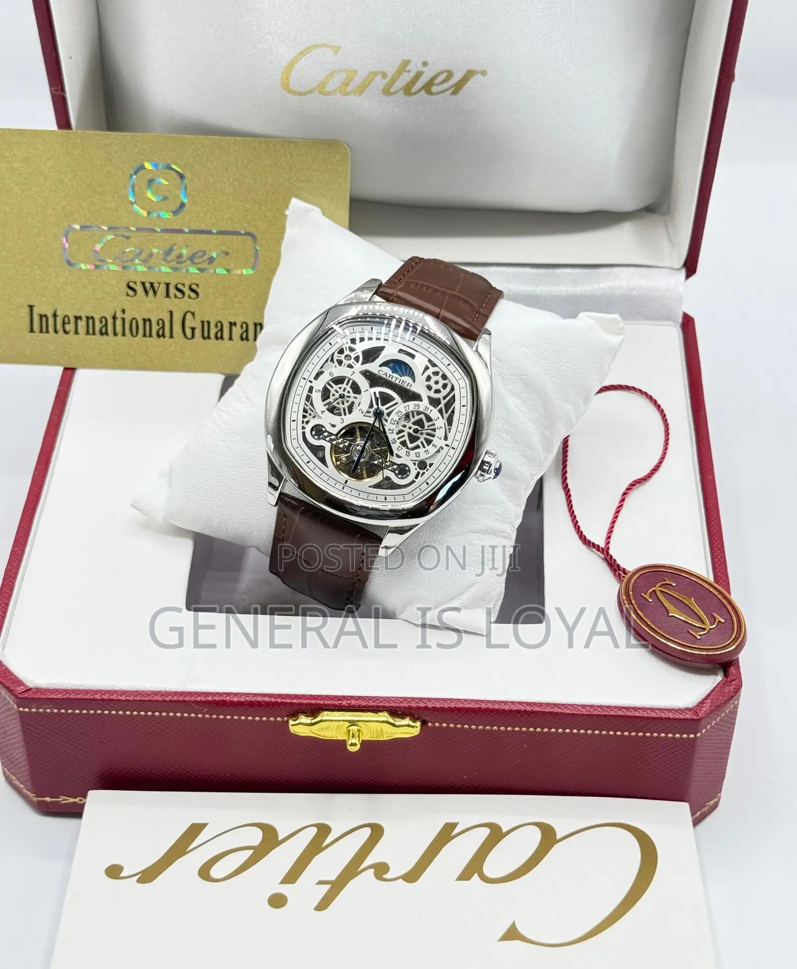 Cartier Silver Skeleton Mechanical Wristwatch Brown Leather Strap