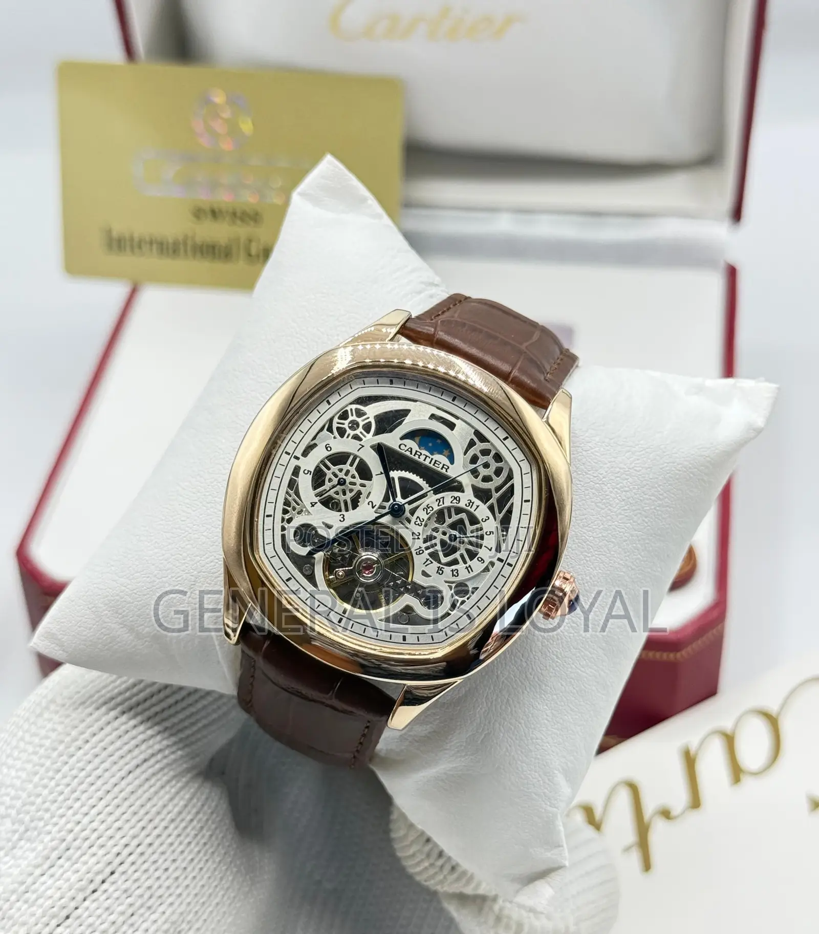Cartier Rose Gold Automatic Skeleton Wristwatch Brown Leather Strap,