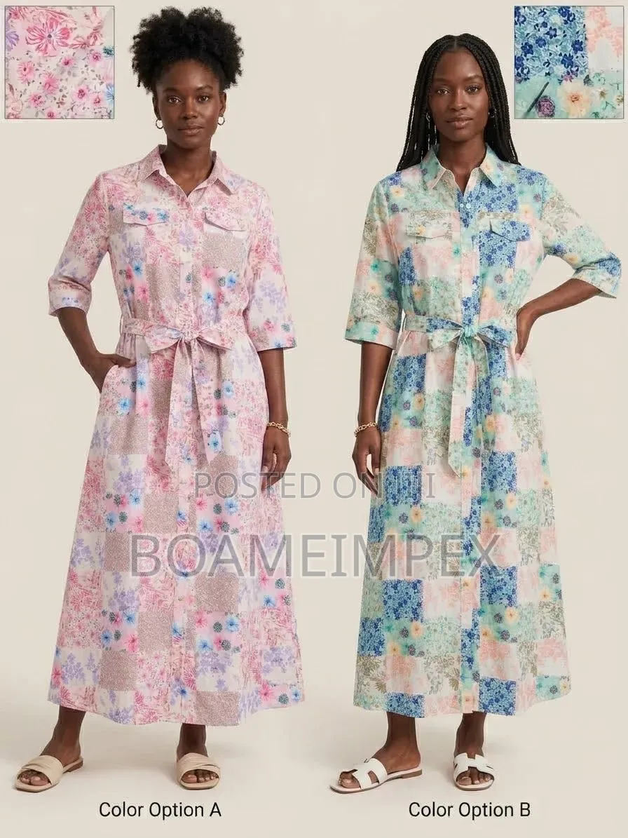 Women’s Floral Button-Down Shirt Dress With Waist Tie Pink/Blue/Green