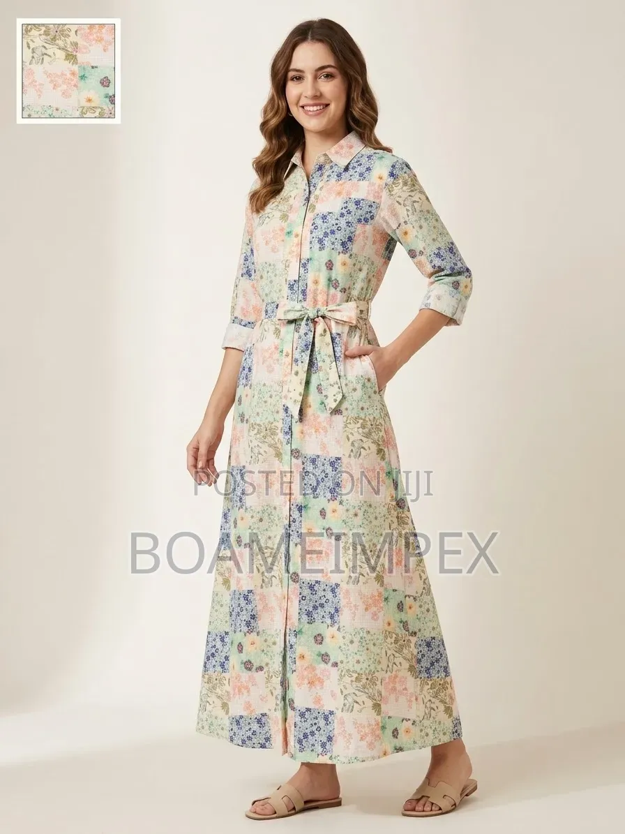 Women’s Floral Button-Down Shirt Dress With Waist Tie Pink/Blue/Green