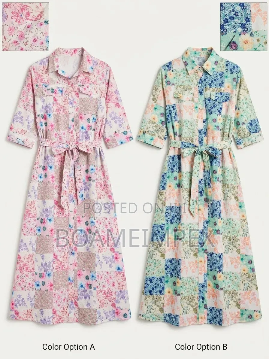 Women’s Floral Button-Down Shirt Dress With Waist Tie Pink/Blue/Green