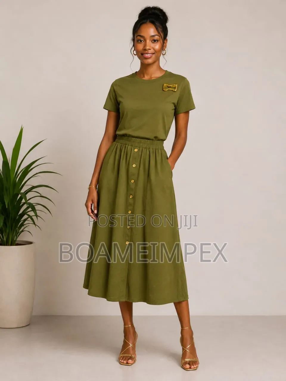 Women’s 2Piece Top Button-Front Skirt– Brown/Cream/Black/Green
