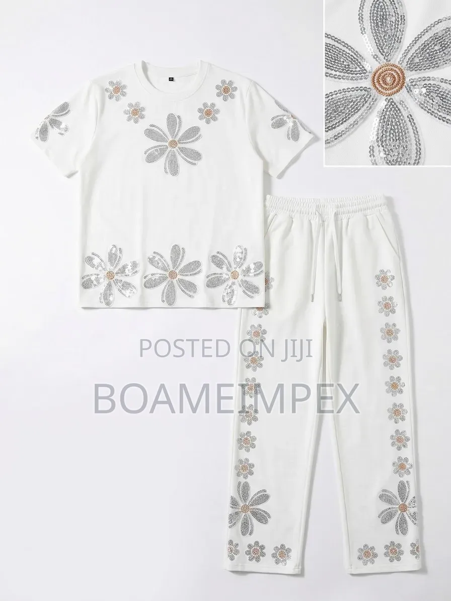 Women’s 2-Piece Sequin Flower T-Shirt Wide-Leg Pant White/Black/Orange