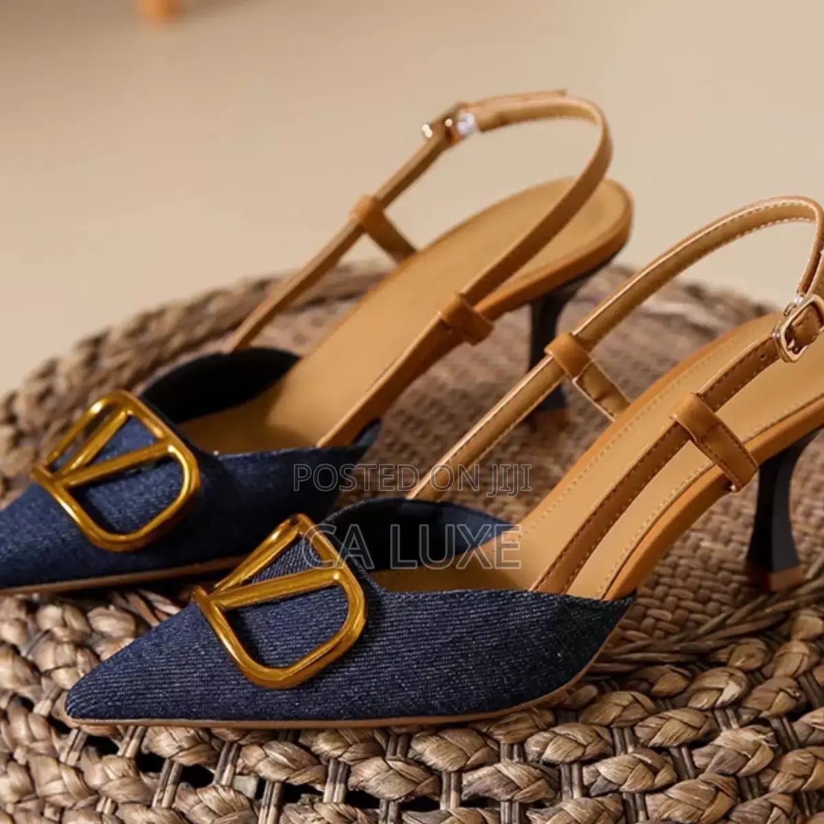 Blue Denim and Tan Slingback Kitten Heels Fast Delivery