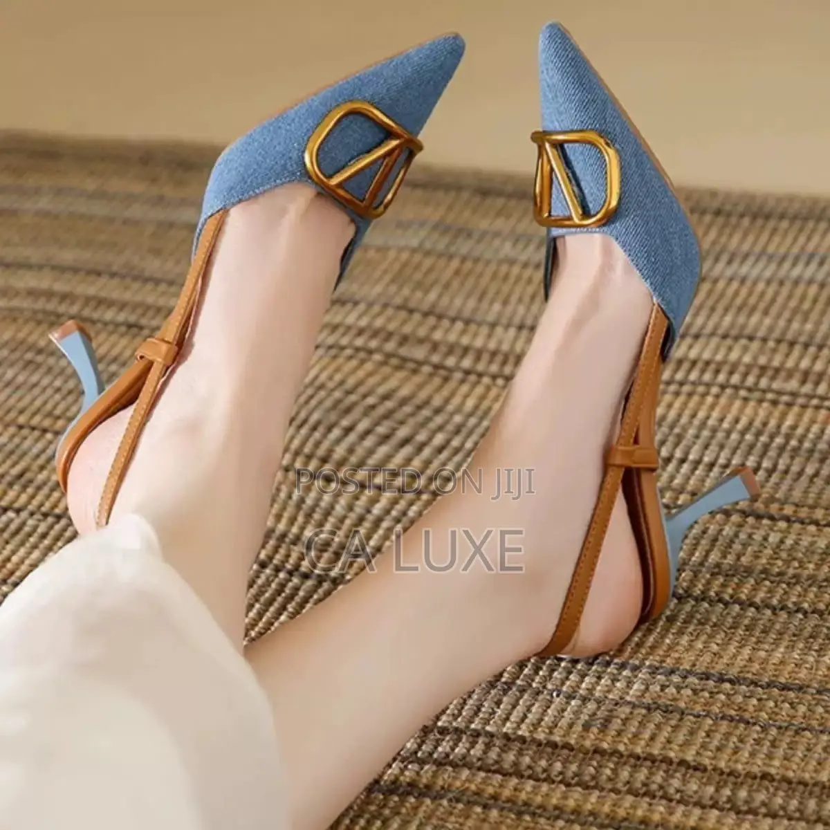 Blue Denim and Tan Slingback Kitten Heels Fast Delivery
