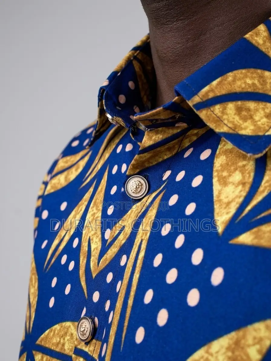 Men's Blue Gold African Print Short Sleeve Shirt - Batik Leaf