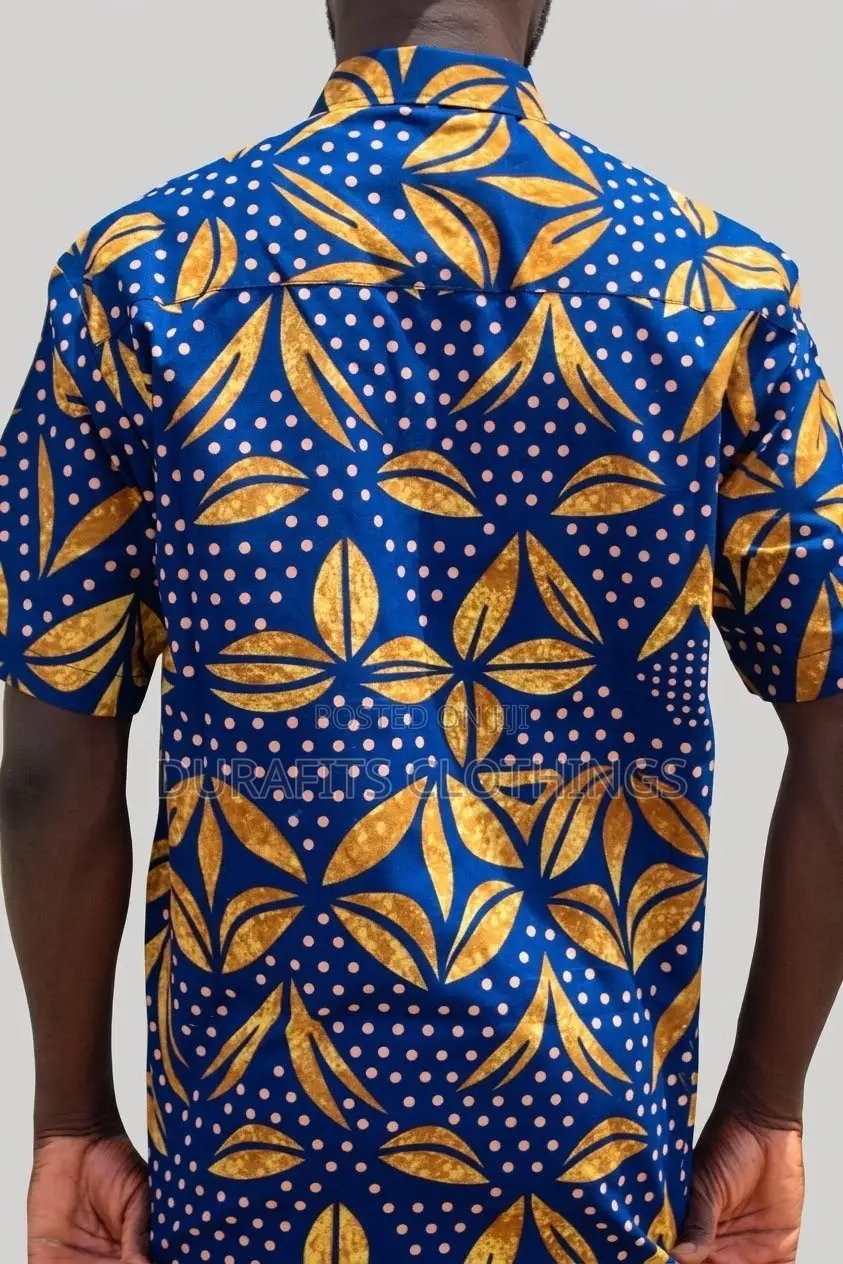Men's Blue Gold African Print Short Sleeve Shirt - Batik Leaf