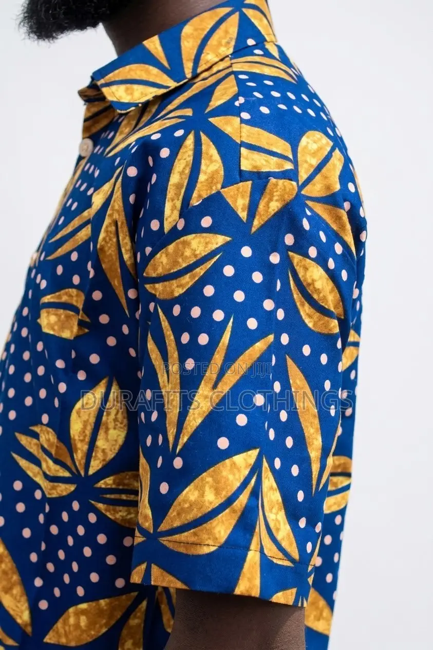 Men's Blue Gold African Print Short Sleeve Shirt - Batik Leaf
