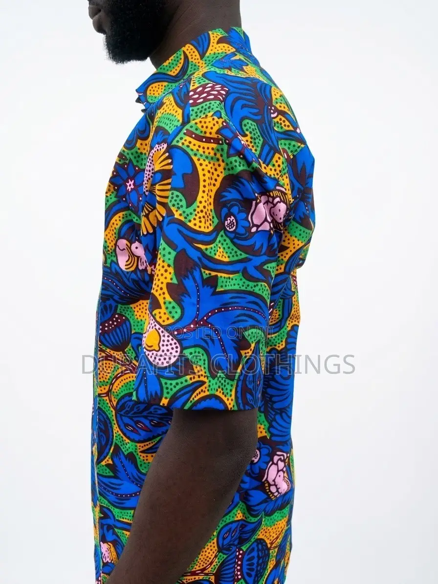 Men's Vibrant Floral African Print Short Sleeve Shirt - Blue/Gold