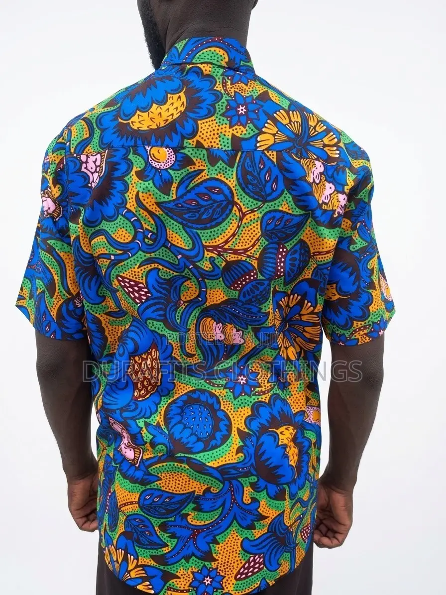 Men's Vibrant Floral African Print Short Sleeve Shirt - Blue/Gold
