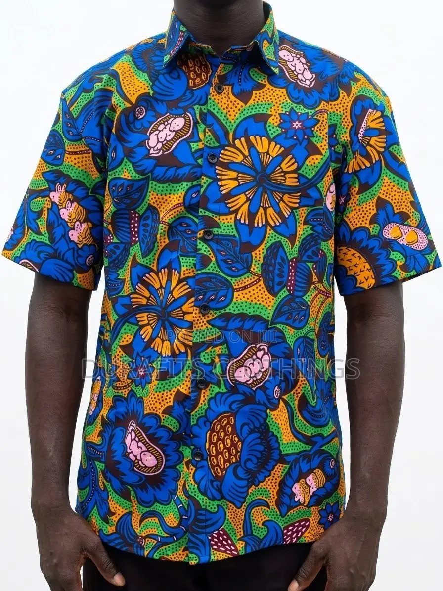 Men's Vibrant Floral African Print Short Sleeve Shirt - Blue/Gold