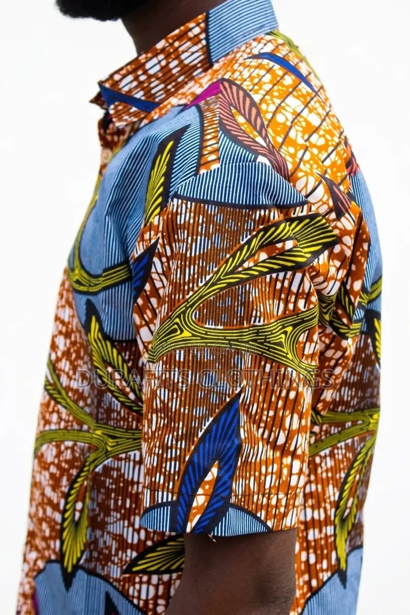 Men's Short Sleeve Batik Shirt - Brown, Blue Green Leaf