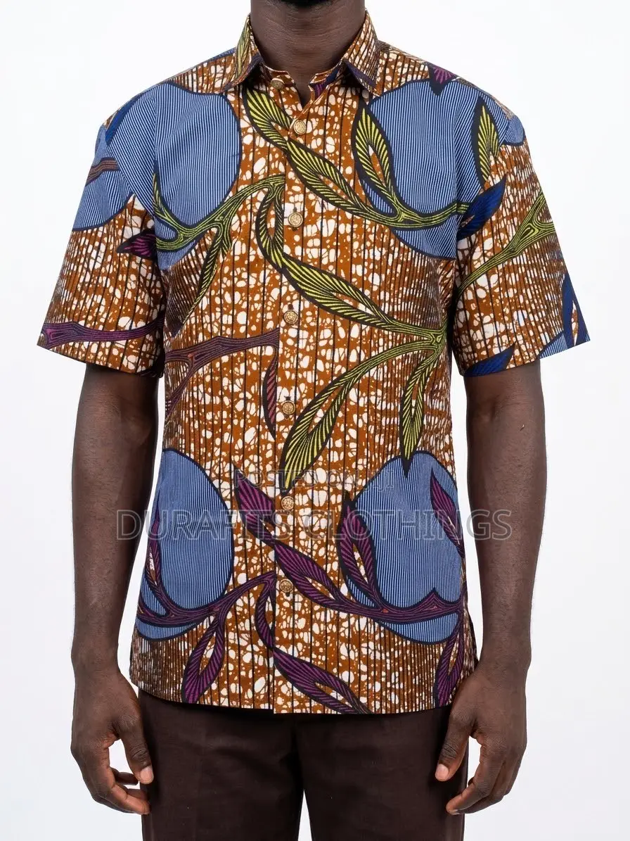 Men's Short Sleeve Batik Shirt - Brown, Blue Green Leaf