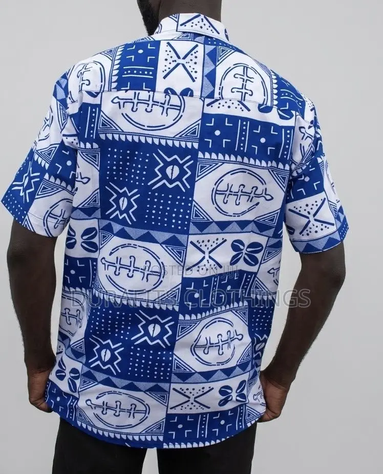 Men's Blue White African Adinkra Print Short Sleeve Shirt