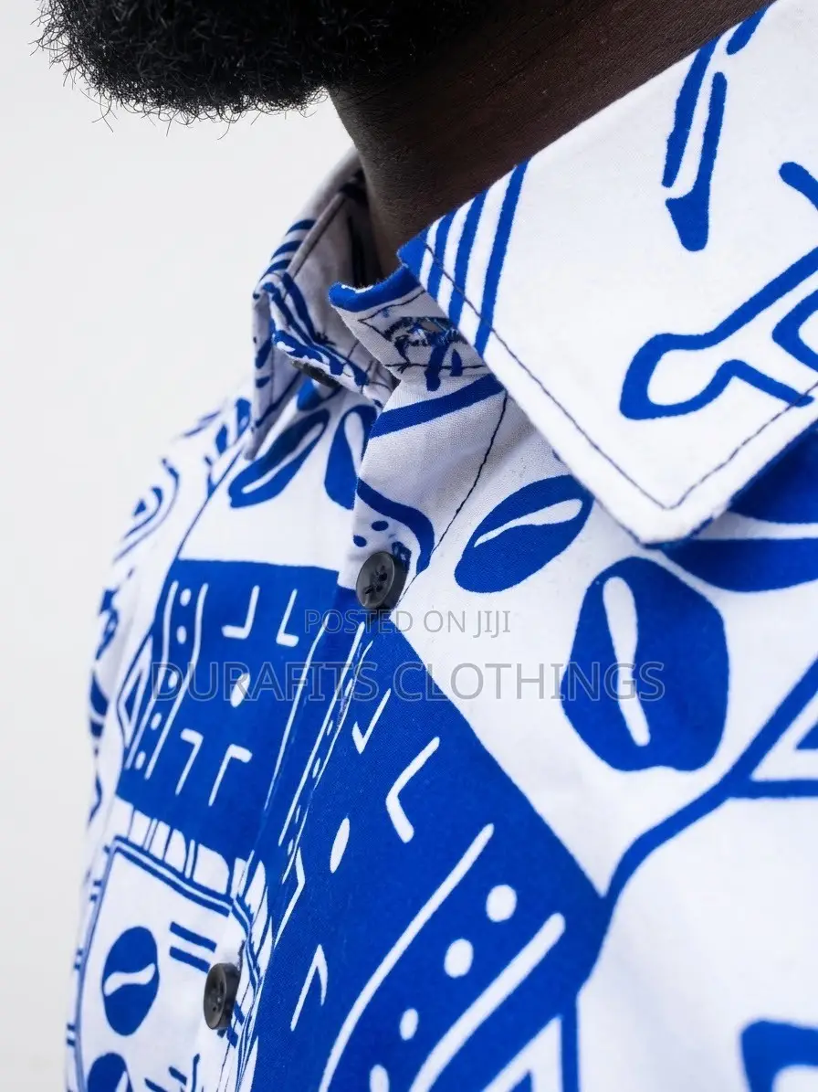 Men's Blue White African Adinkra Print Short Sleeve Shirt