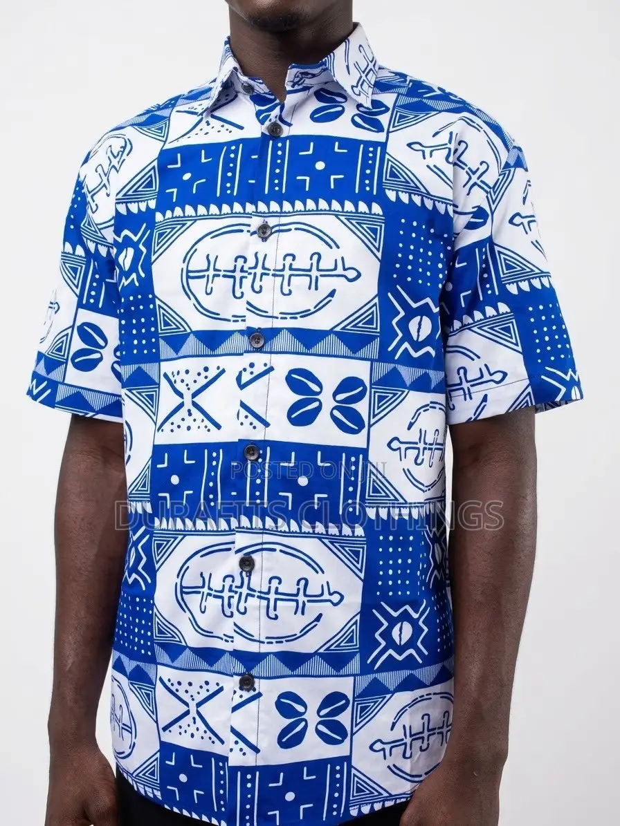 Men's Blue White African Adinkra Print Short Sleeve Shirt