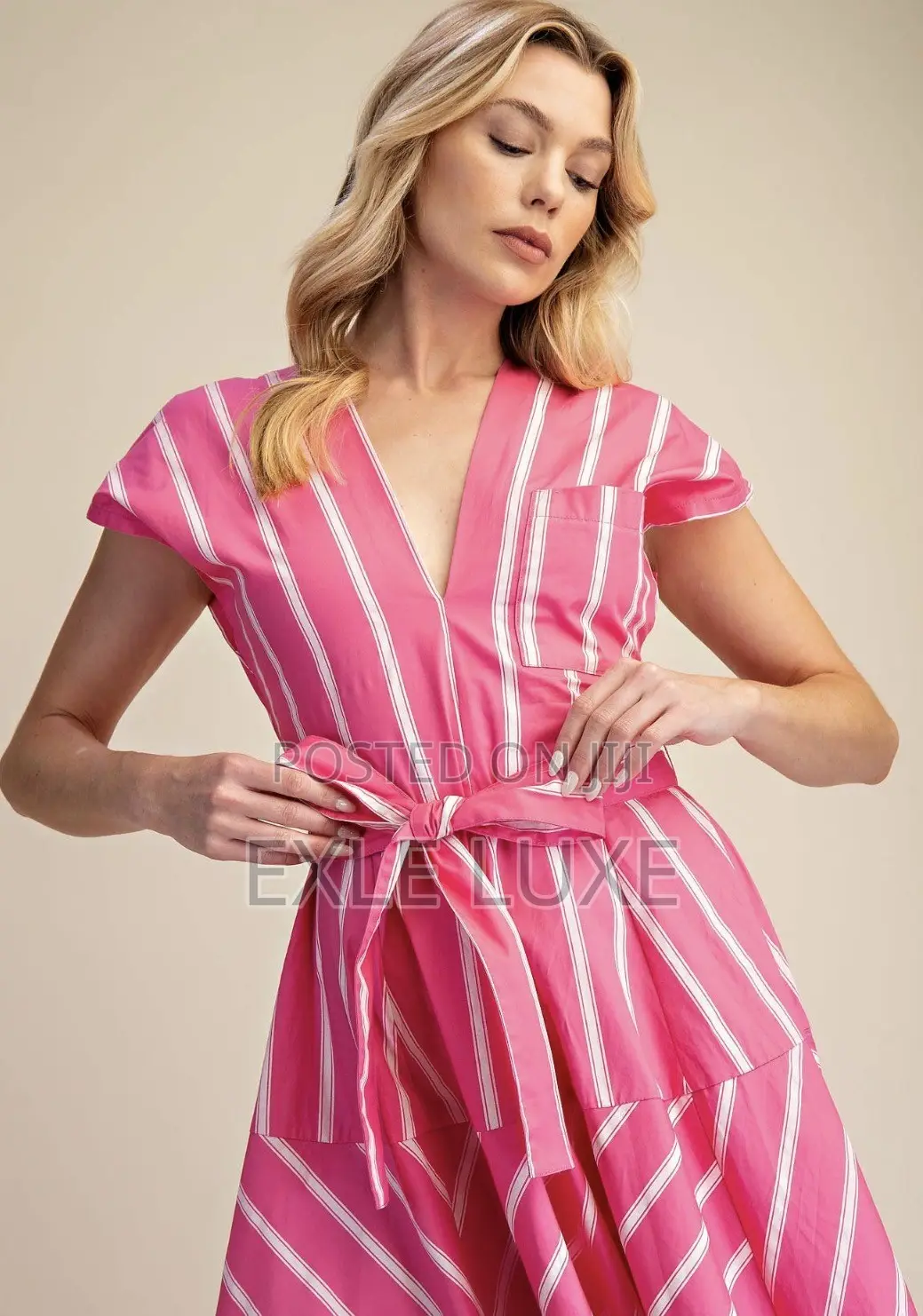 Pink White Striped Midi Dress