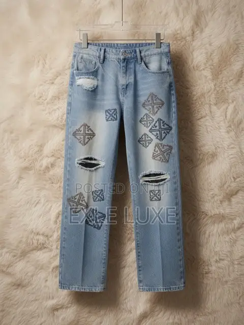 Light Blue Distressed Geometric Patch Jeans