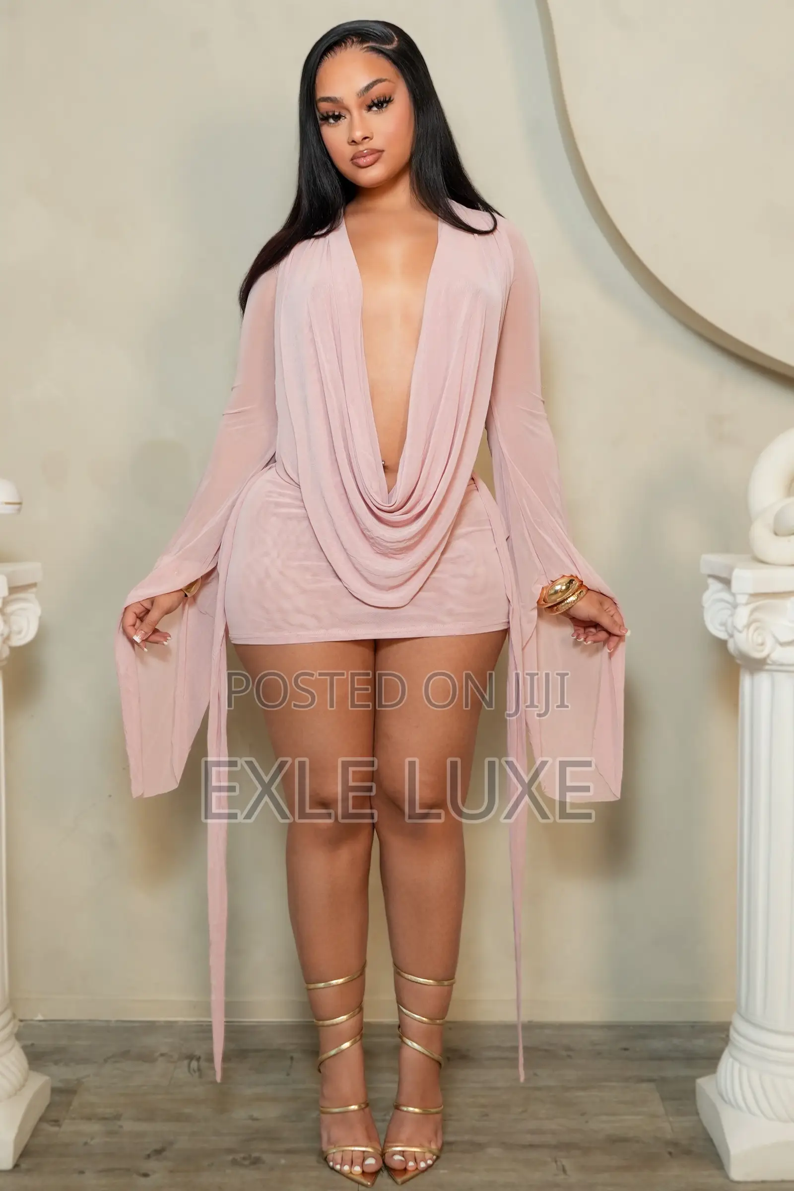 Pink Mesh Cowl Neck Mini Dress