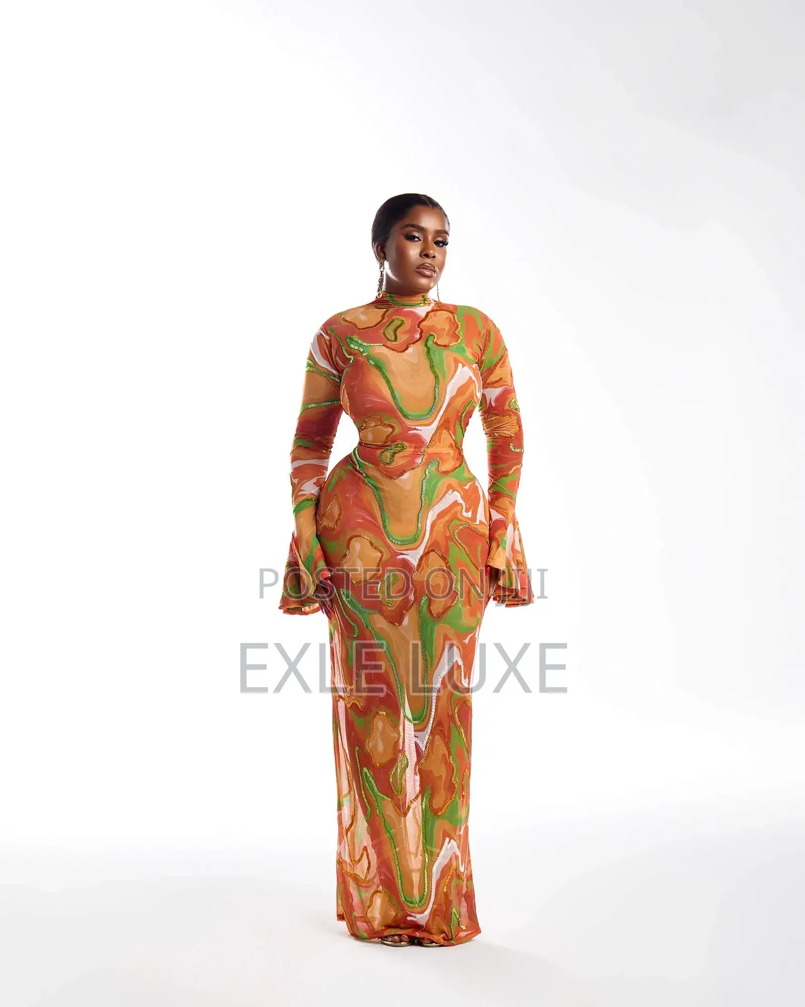 Orange Green Marbled Mesh Dress