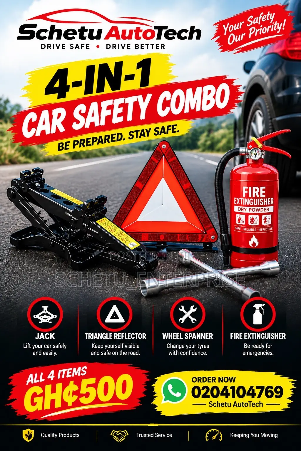 Jack, Fire Extinguisher, Triangle , Wheel Spanner 4 in 1 All for 500gh