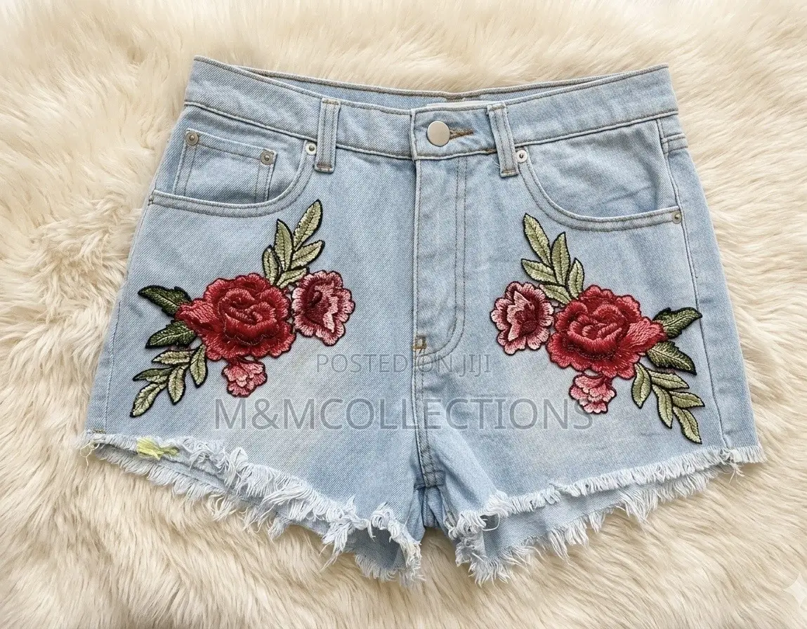 Denim Shorts Floral Embroidered Light Blue