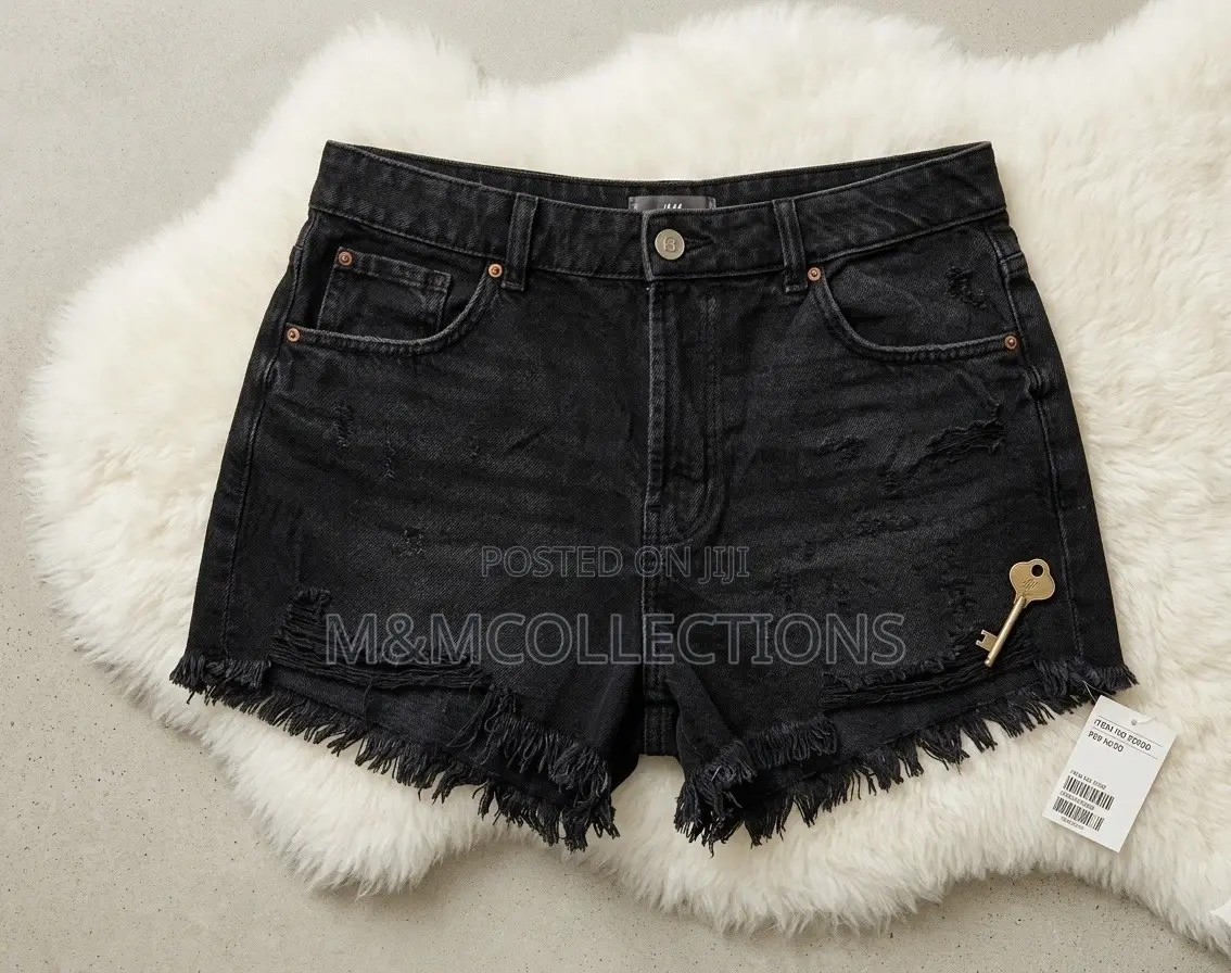 H M Denim Shorts Black Distressed Frayed Hem