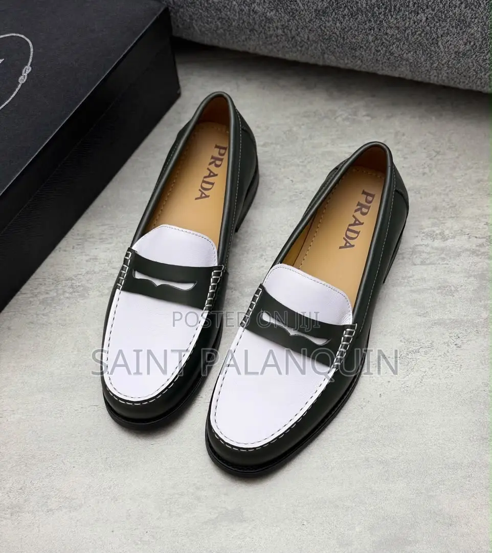 Black and White Two-Tone Leather Penny Loafers by Prada