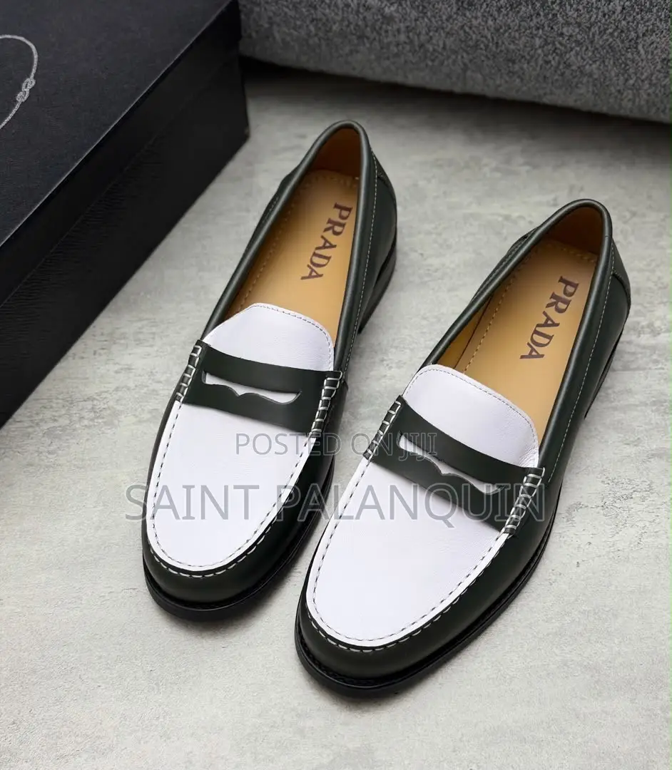 Black and White Two-Tone Leather Penny Loafers by Prada
