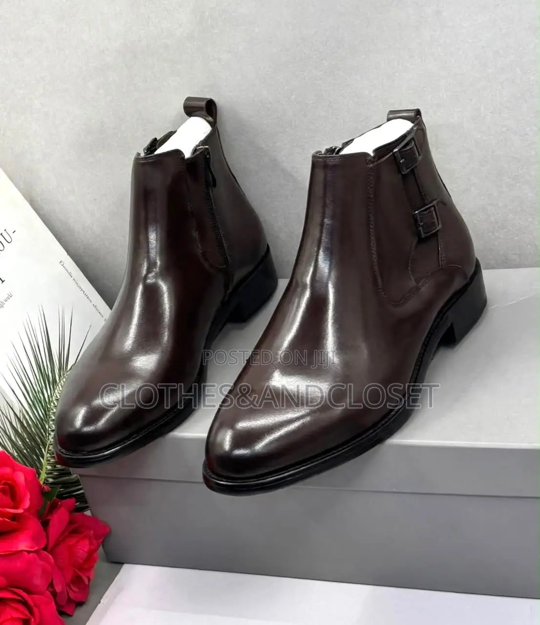 Pair of Brown Leather Dress Boots Featuring Double Buckle Straps