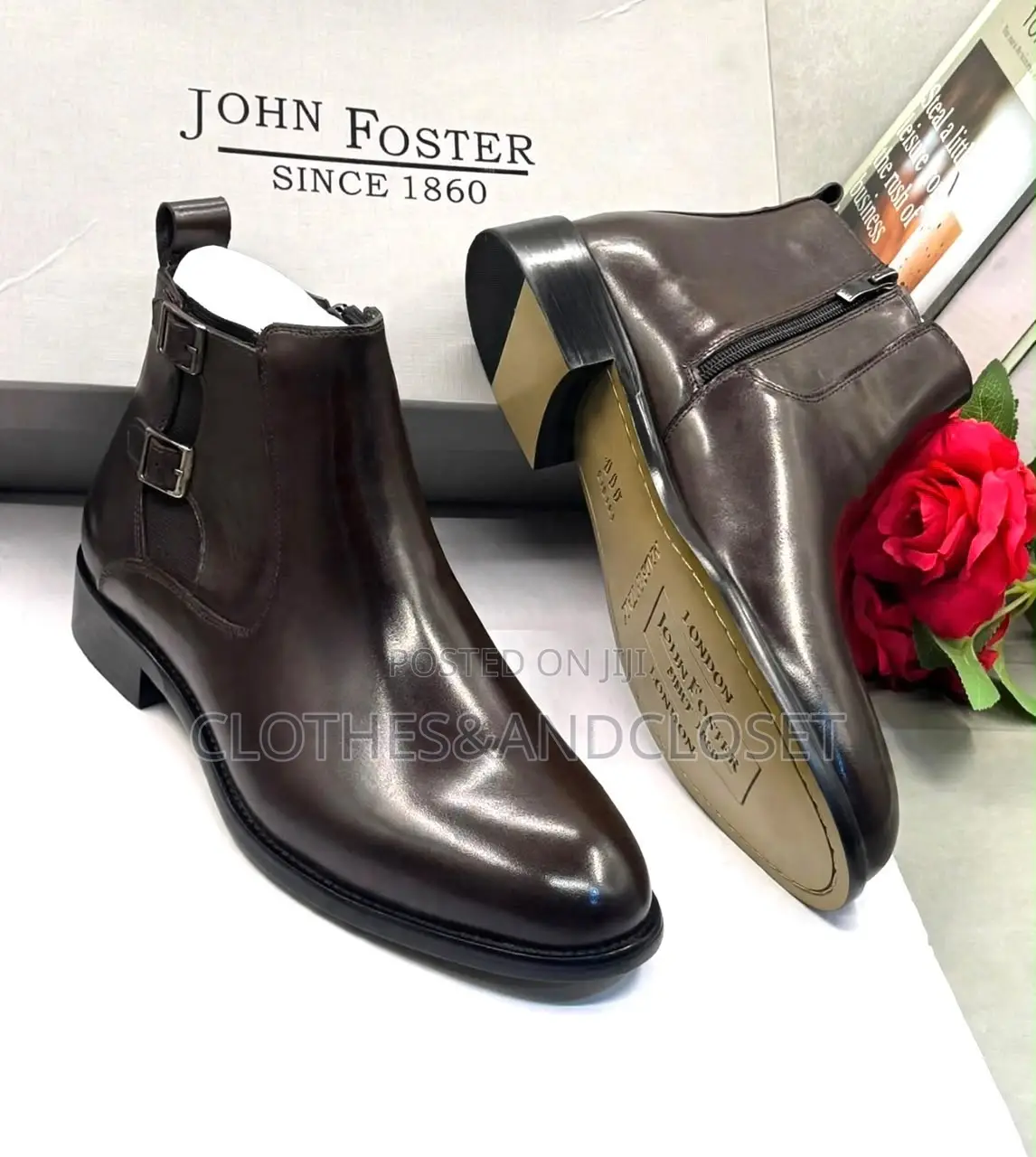 Pair of Brown Leather Dress Boots Featuring Double Buckle Straps