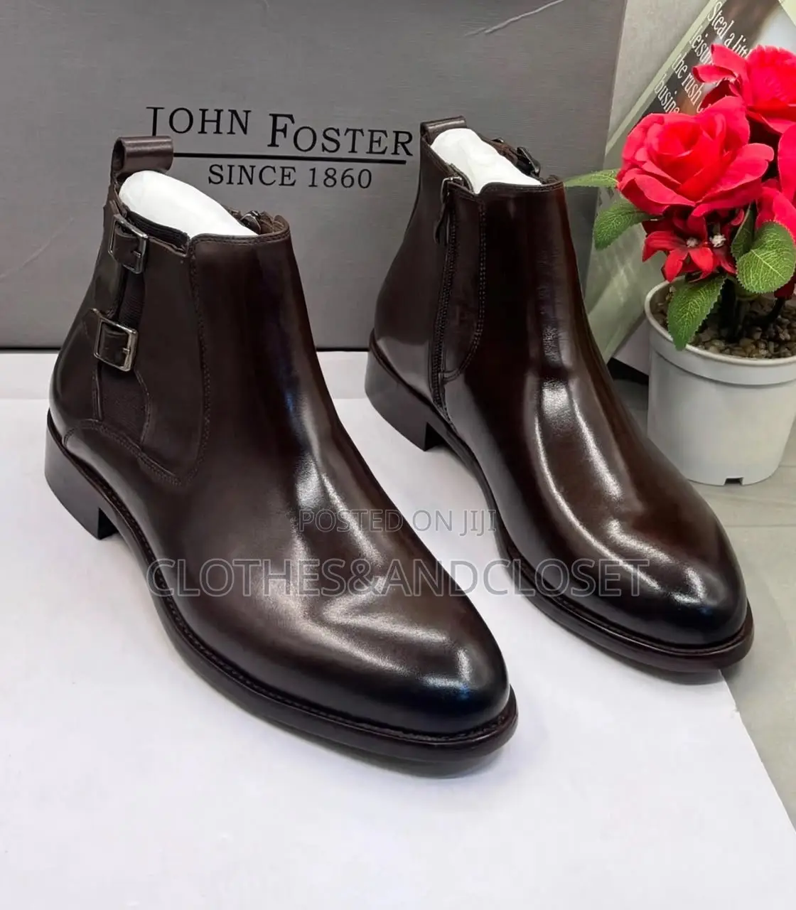 Pair of Brown Leather Dress Boots Featuring Double Buckle Straps