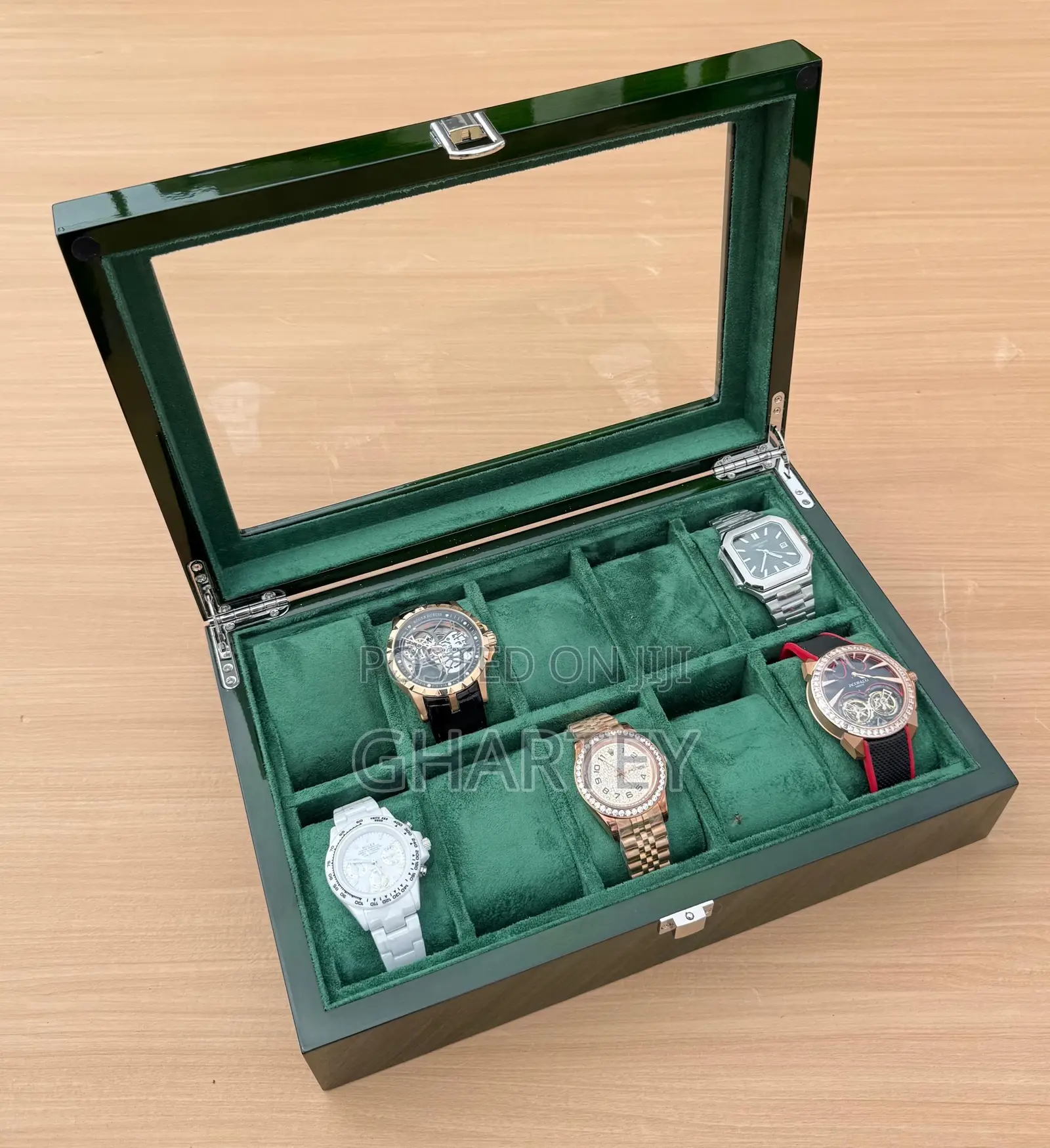 10 Slots Wooden Luxury Watch Case, Watch Storage - Green
