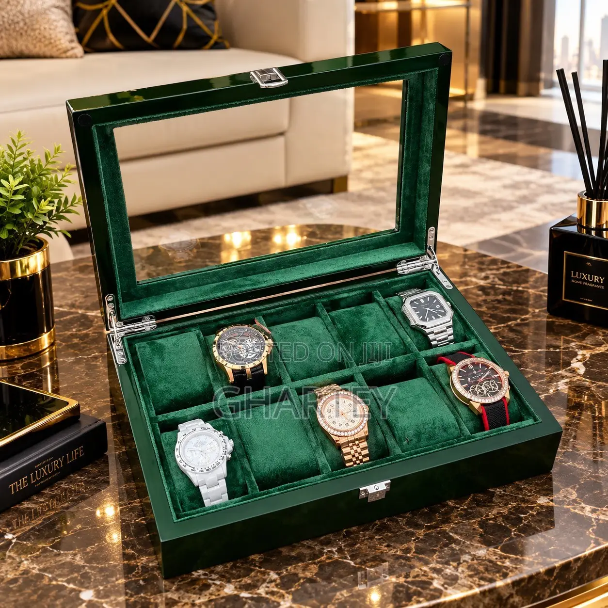 10 Slots Wooden Luxury Watch Case, Watch Storage - Green