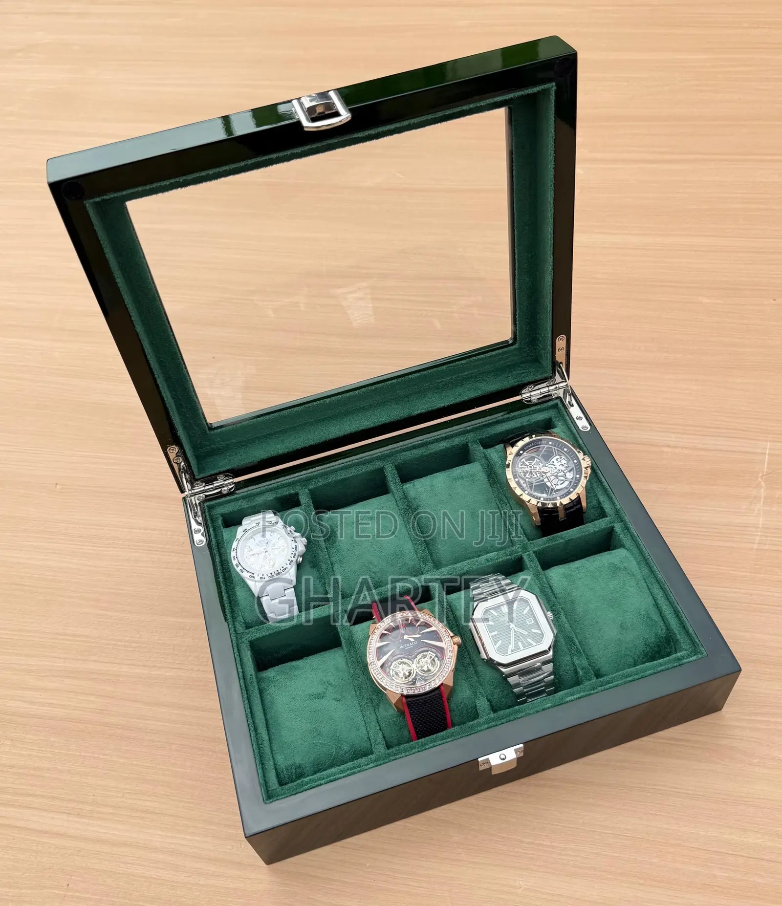 Luxury Green Wooden With Glass Display Watch Storage Organizer