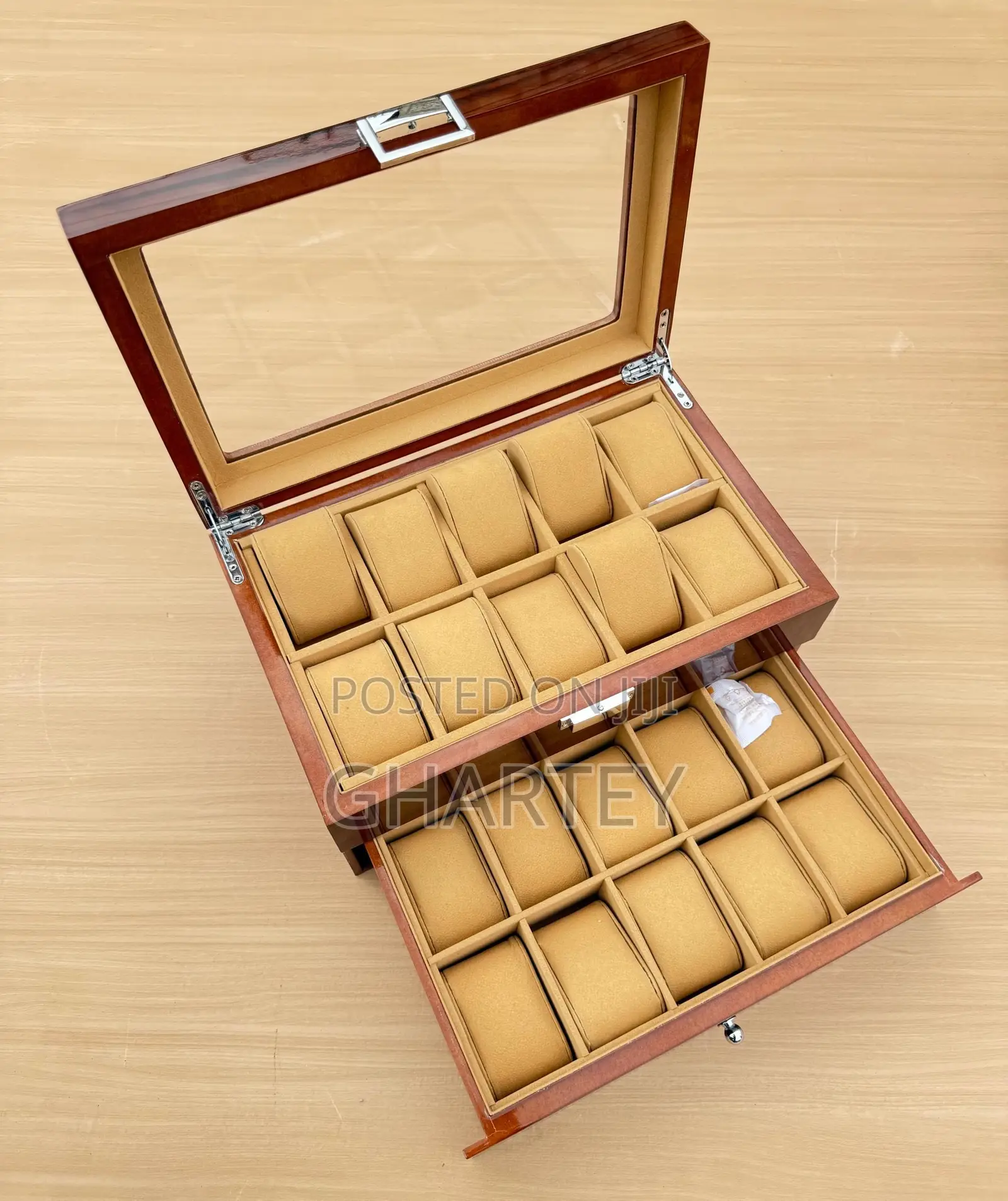 Luxury 20-Slot Wooden Watch Display Box With Glass Lid