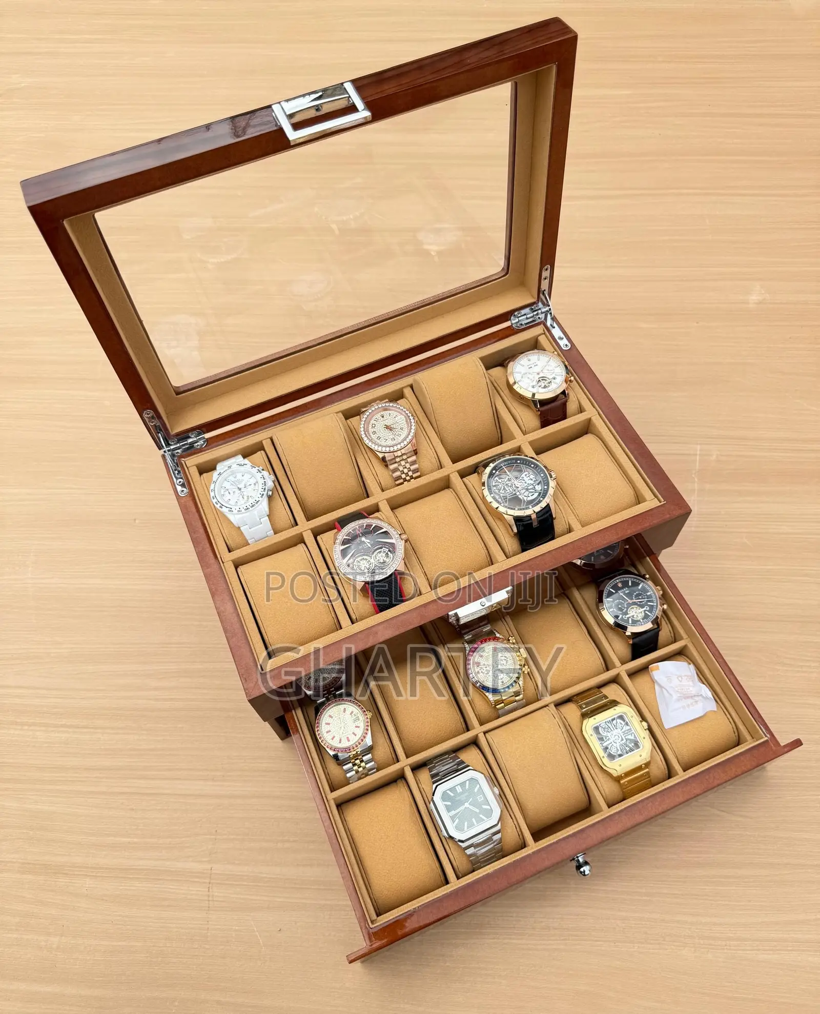 Luxury 20-Slot Wooden Watch Display Box With Glass Lid