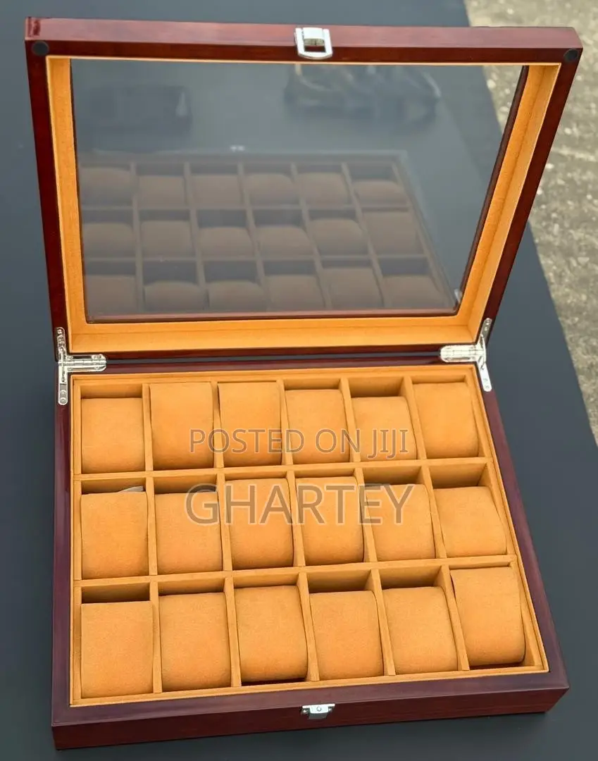 Luxury 18-Slot Wooden Watch Display Box With Glass Lid - Brown